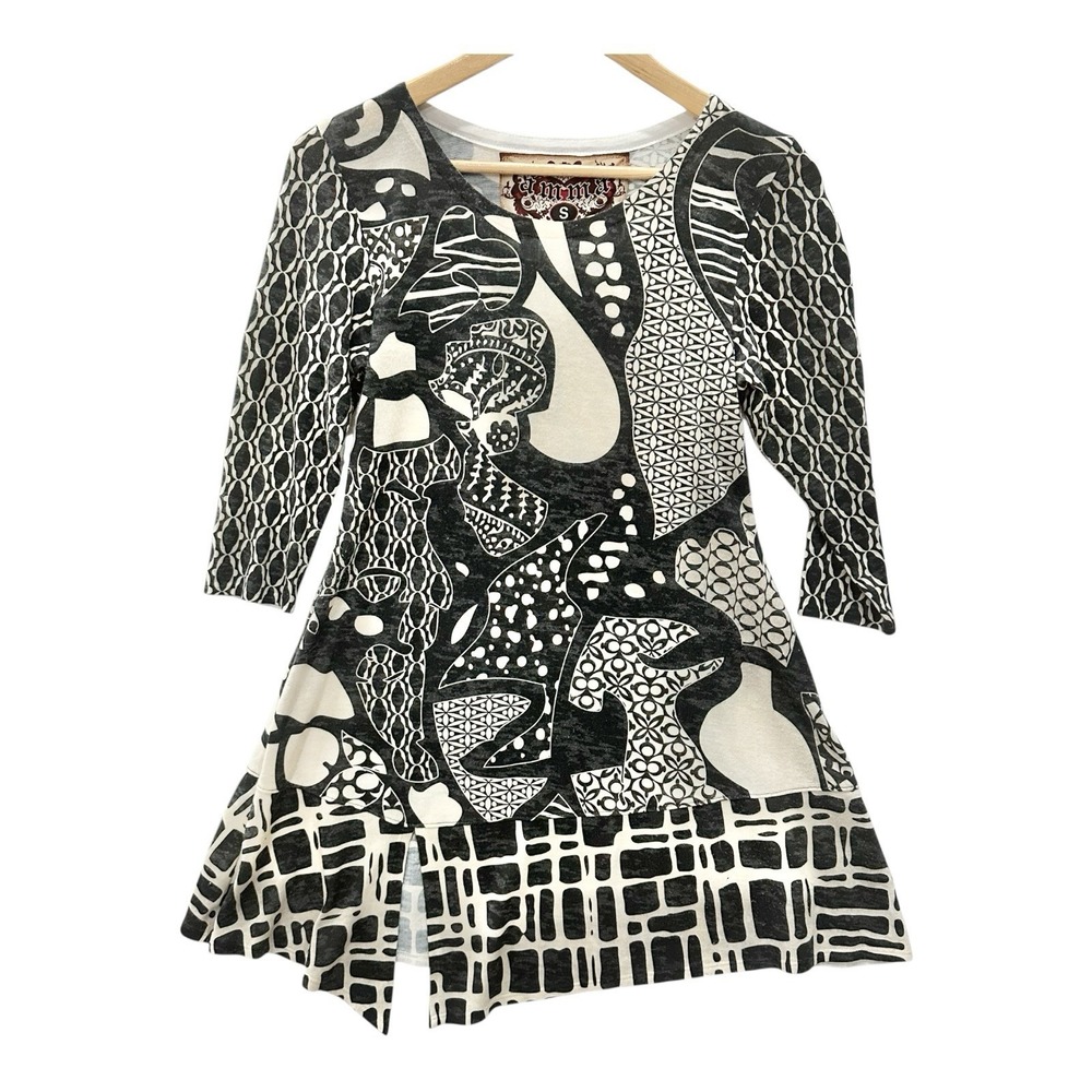 Amma Design Top Tunic Black Ivory 3/4 Sleeve Scoop Neck Abstract USA Made Artsy